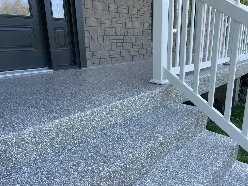 Stone-fleck epoxy flake front steps
