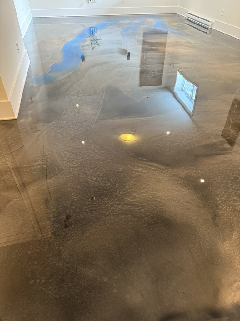 Blue-gray metallic epoxy basement floor