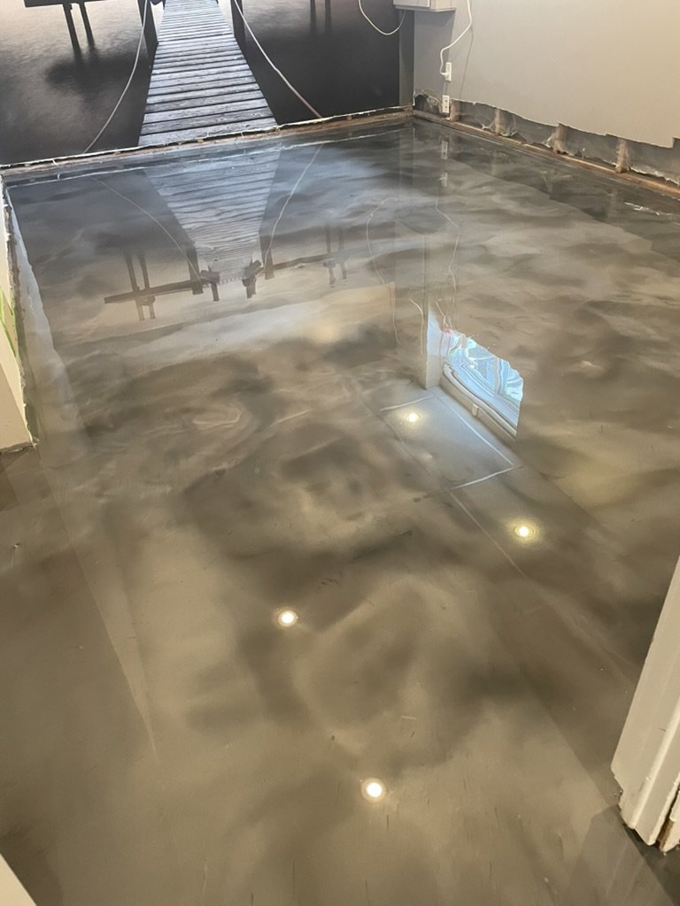 Gray metallic epoxy basement floor
