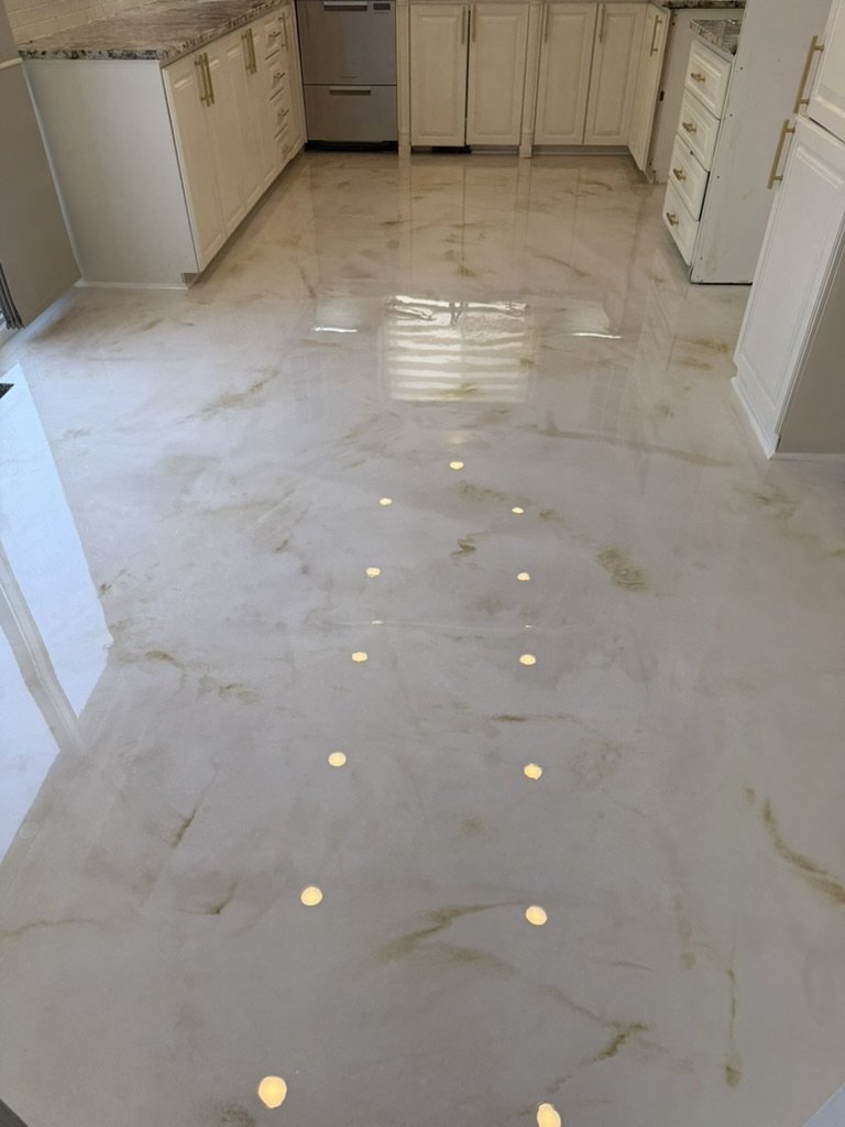 Cream and gold metallic epoxy kitchen floor